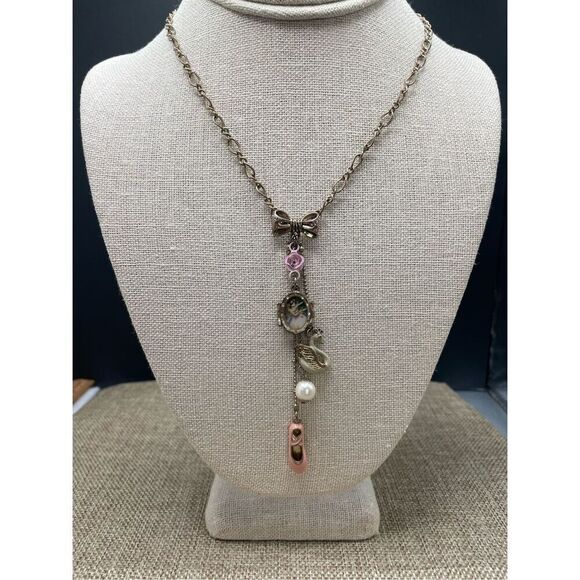 Vintage Betsey Johnson Ballet Theme Necklace Swan Frame Shoe Pearl and Bow - Picture 1 of 7